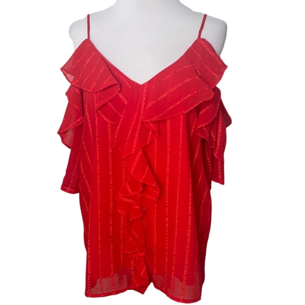 Entro Red Cold Shoulder Ruffle Top